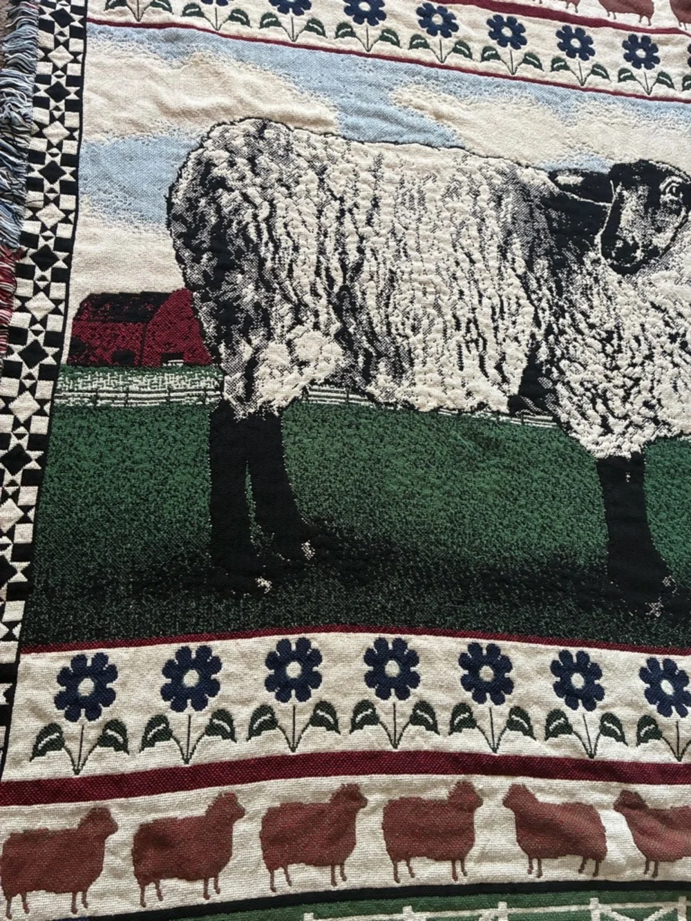 Vintage Woven Sheep Farm Tapestry Throw Blanket Fringe Rustic Cottagecore 45x67